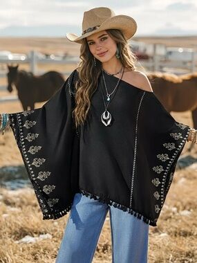 Western Black Poncho with White Boho Print and Tassels